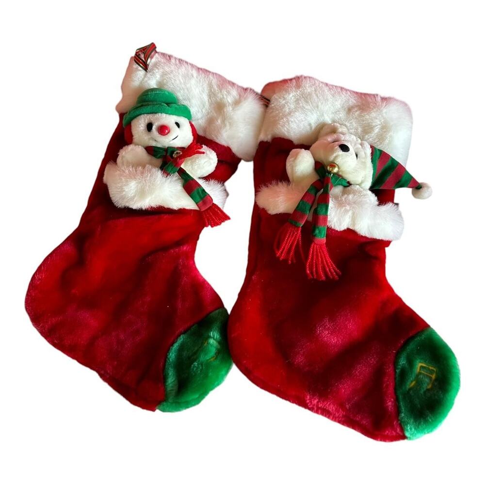 Christmas Stocking Bundle Traditional Red White Trim Plush Snowman Teddy Bear